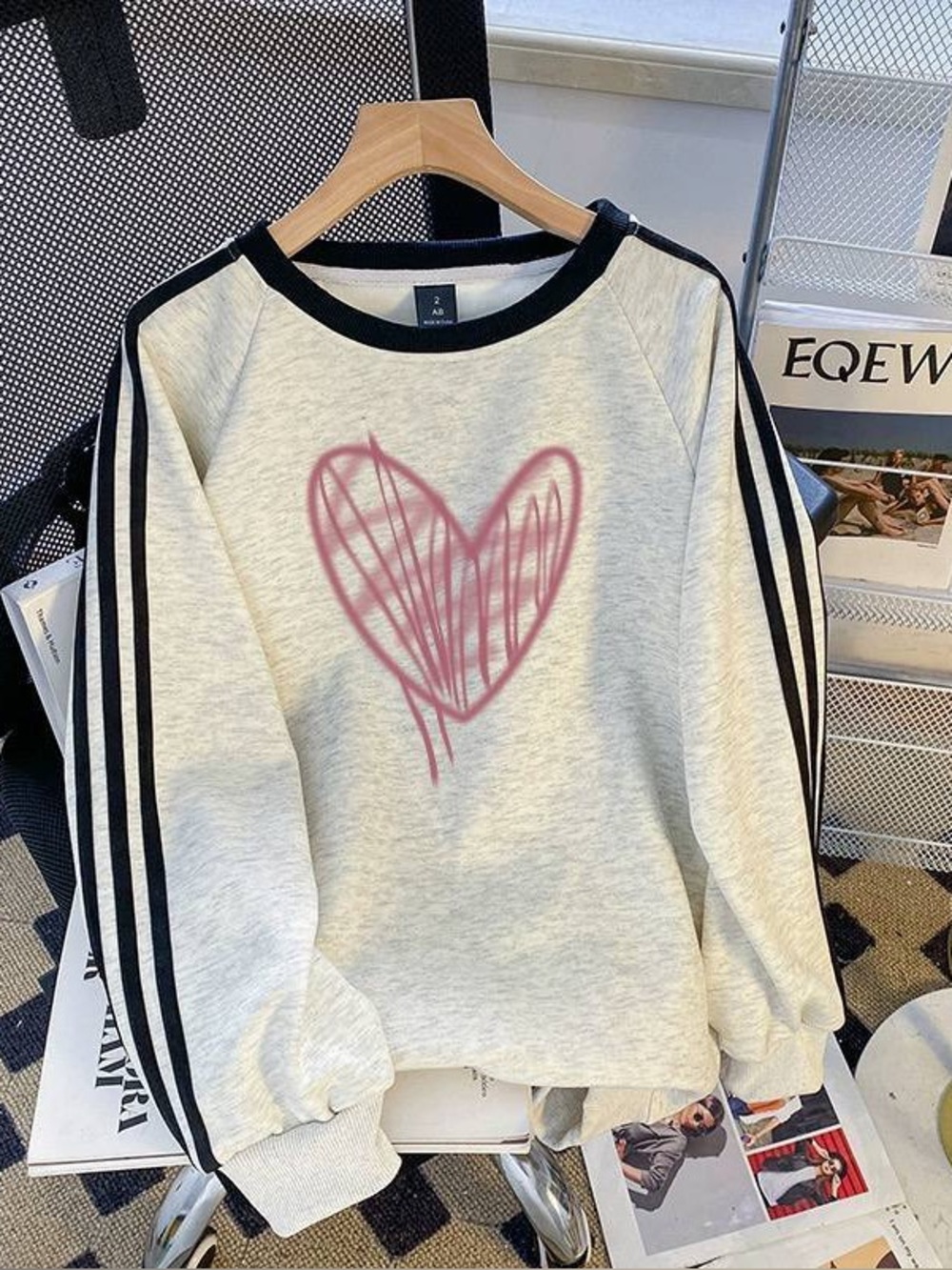Heart-Graphic Sweatshirt with Black Stripe Sleeves